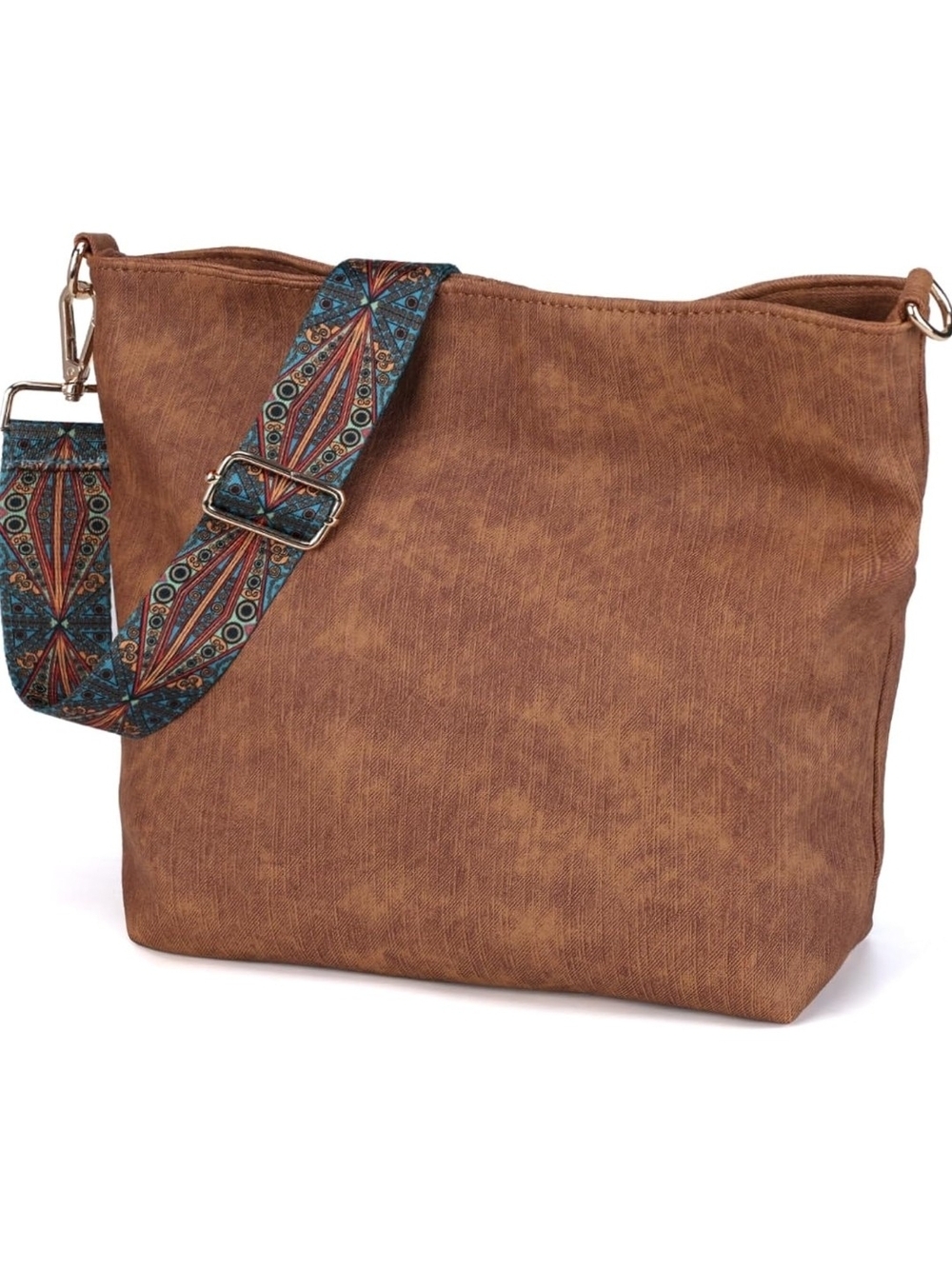 Brown Crossbody Tote Bag with Patterned Strap